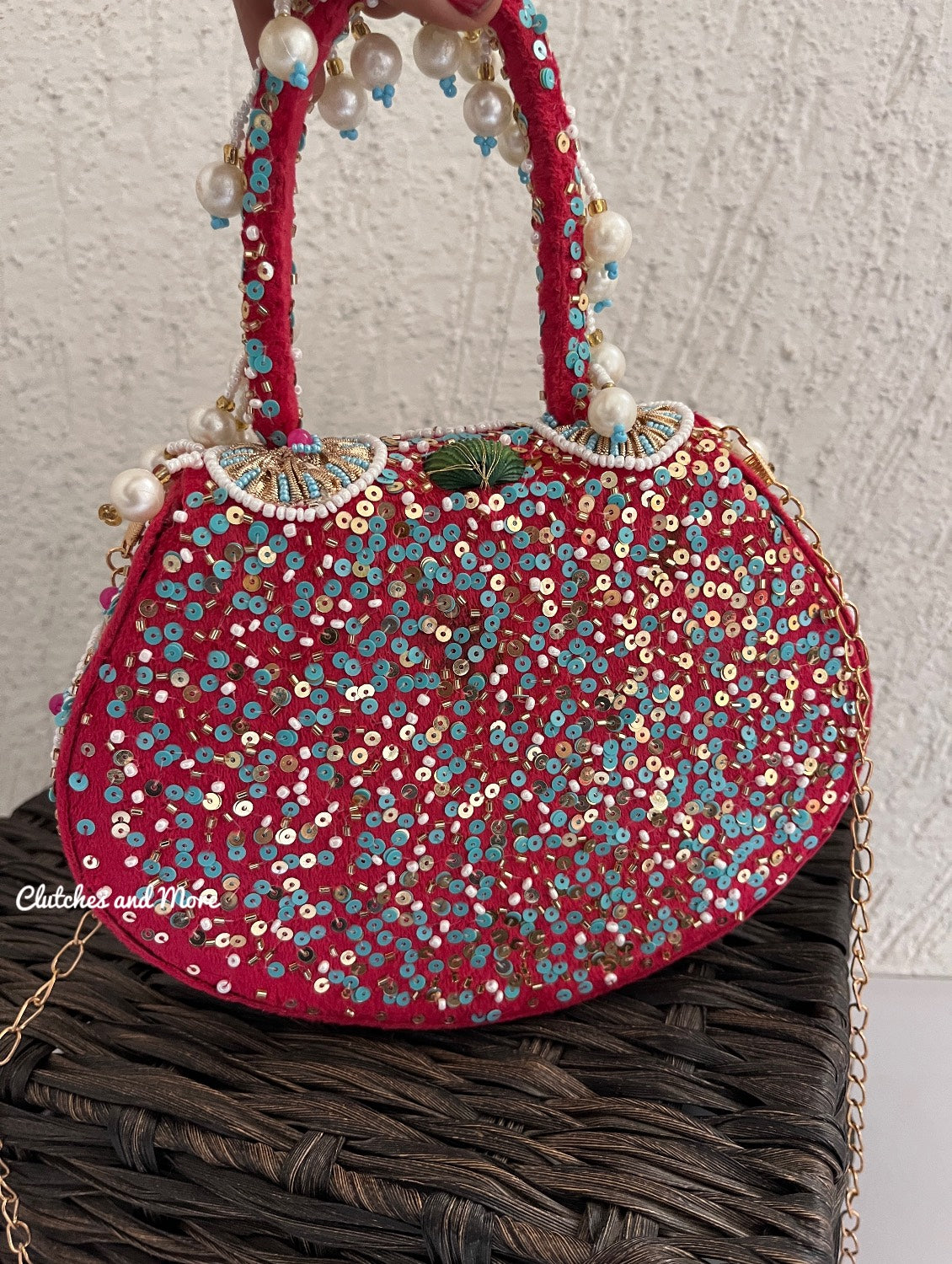 Boho Pearl Flap Bag Red