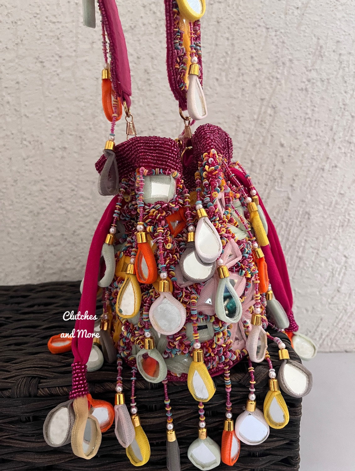 Mirror Tassel Potli Multicoloured ( Pink base)
