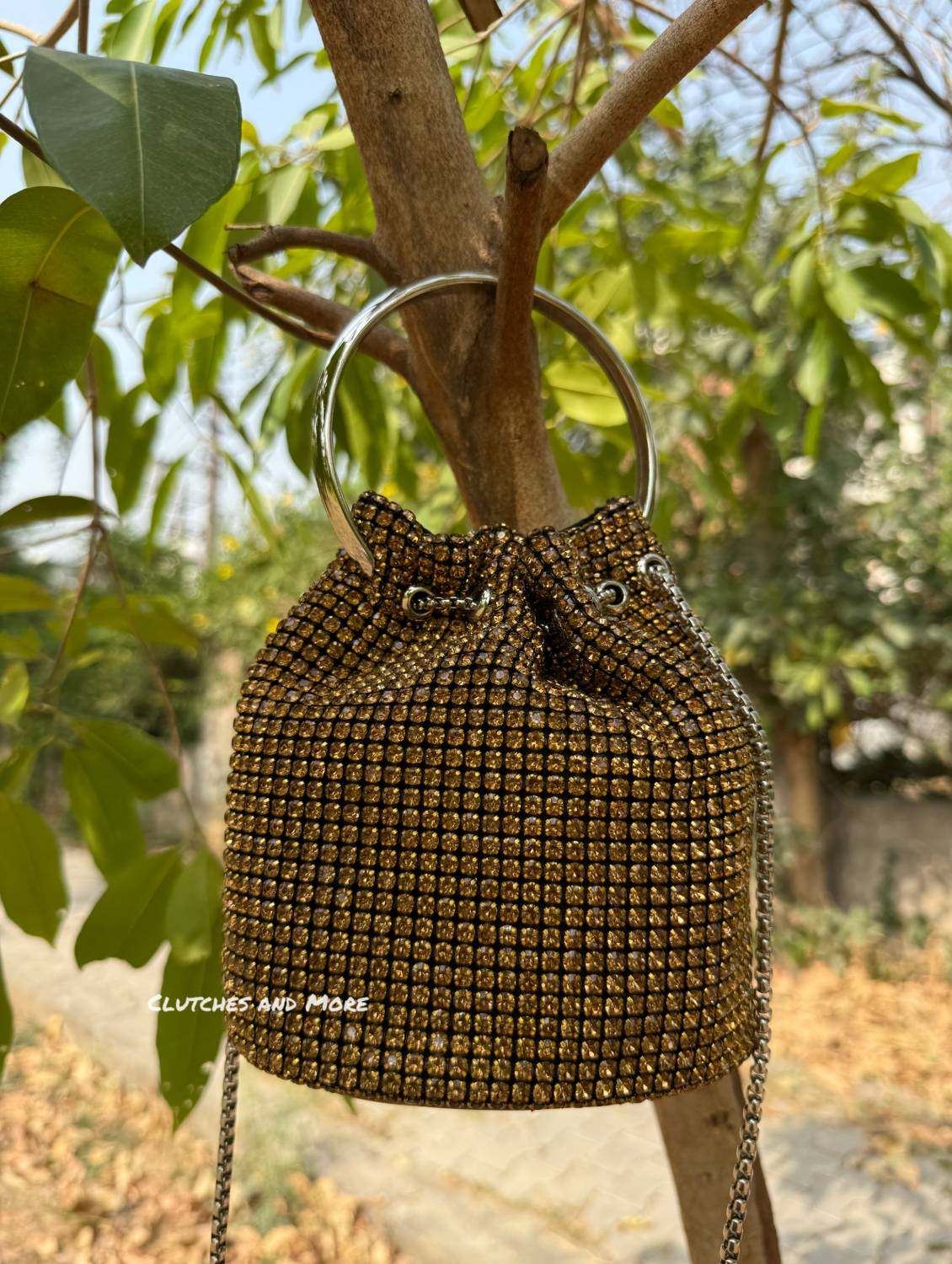 Hazel Rhinestone Bucket Bag Dark Gold