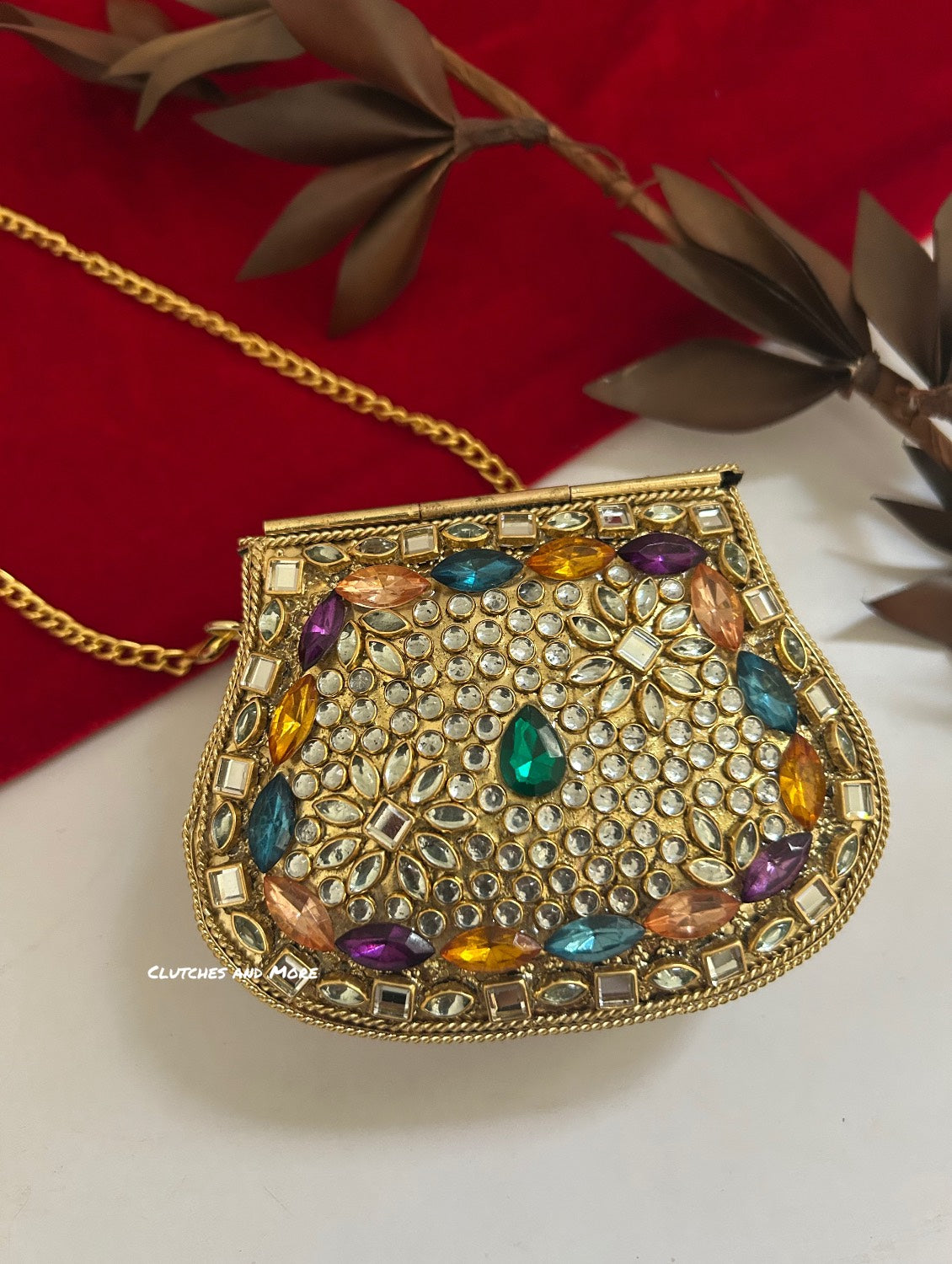Kasika Kundan Brass Mini Clutch Multicolored