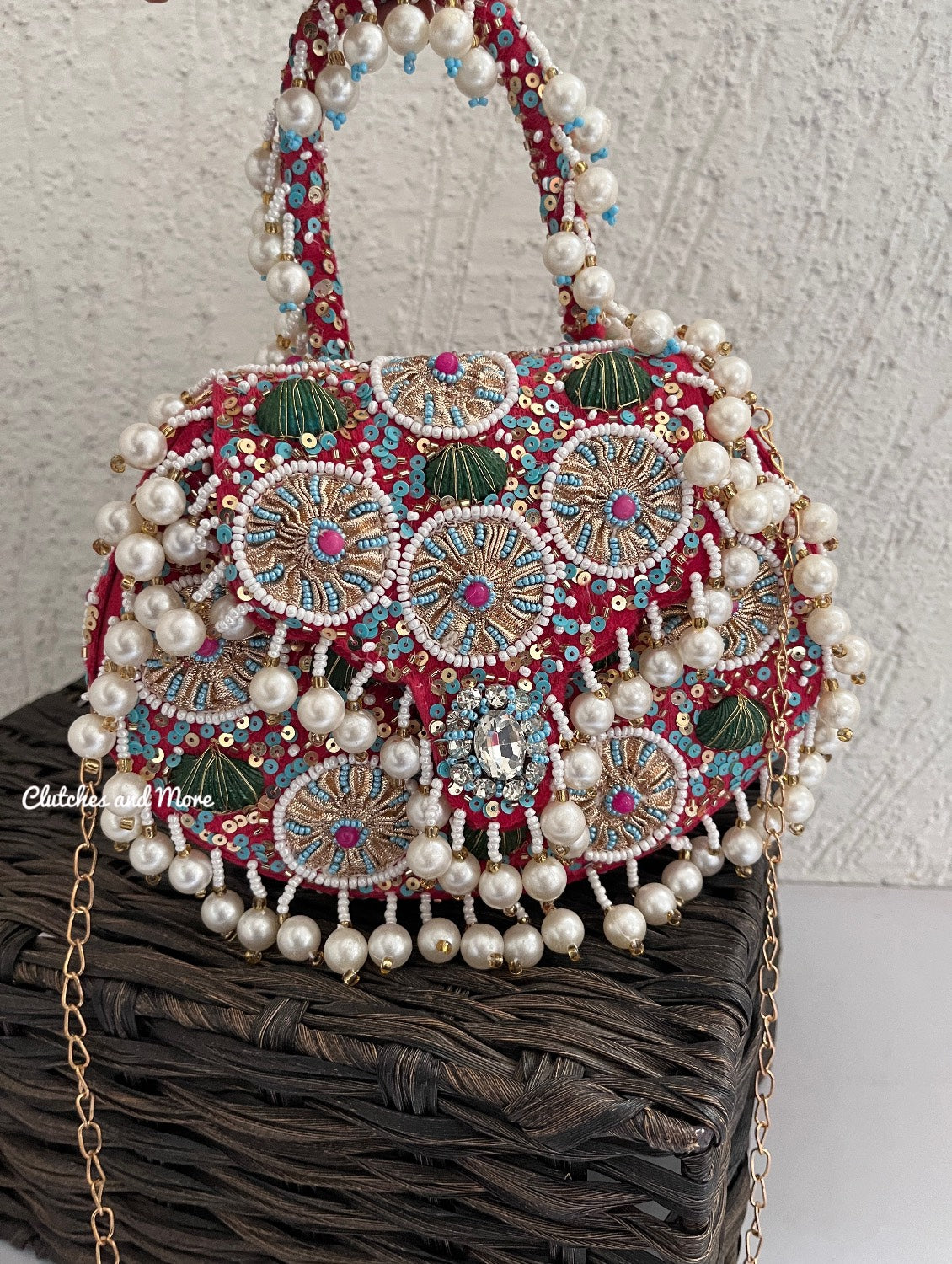 Boho Pearl Flap Bag Red