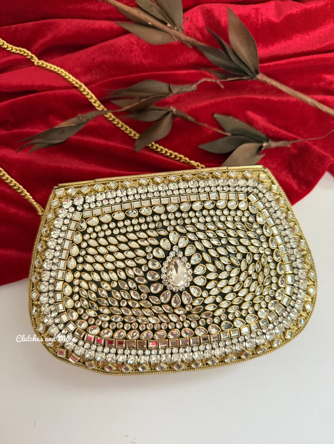 Kashish Kundan Brass Clutch White Gold