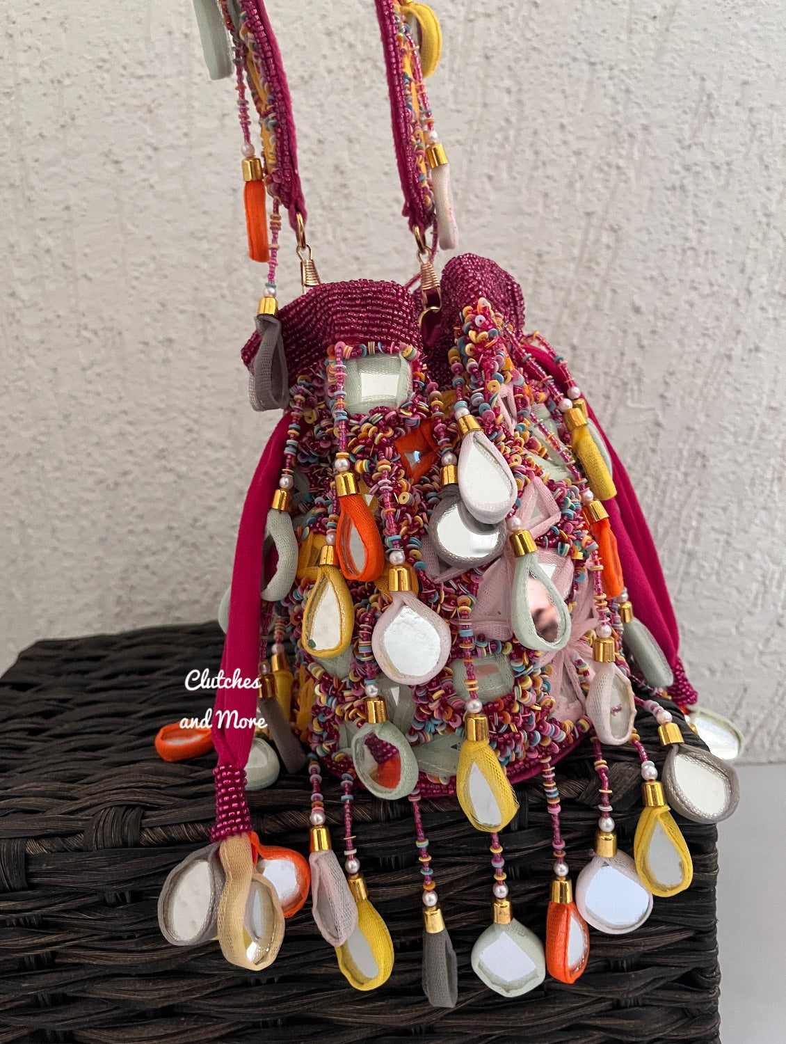 Mirror Tassel Potli Multicoloured ( Pink base)