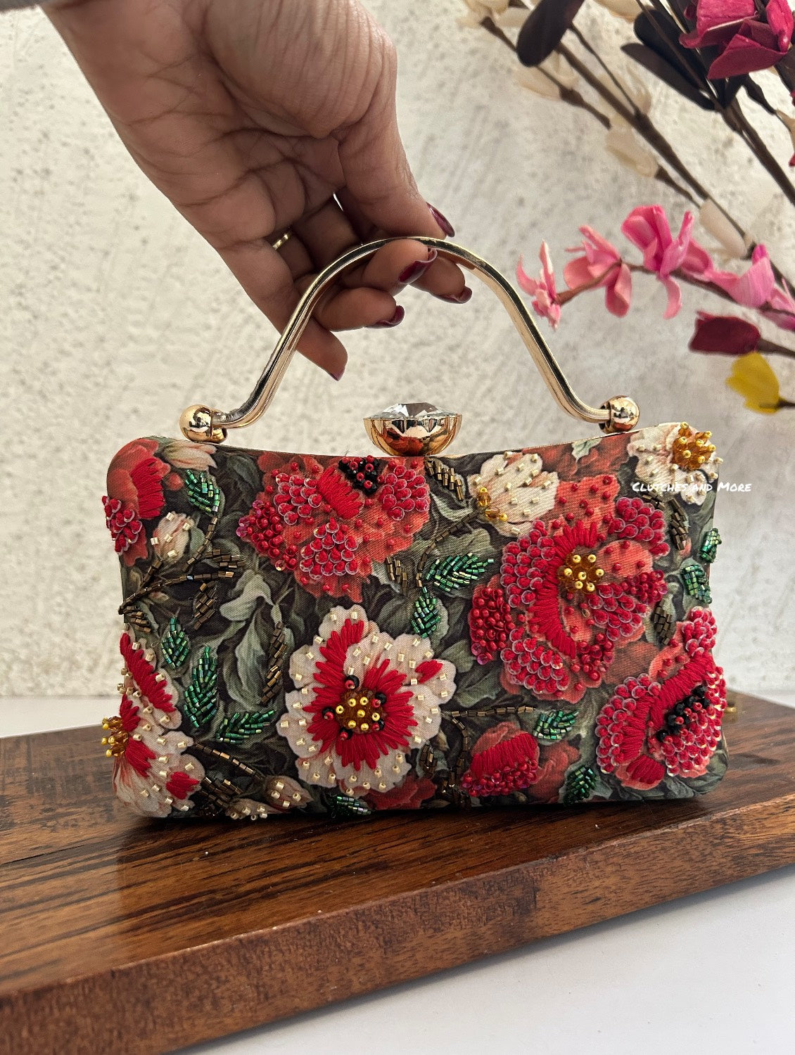 Poppy Green Red Floral Clutch with diamond handle