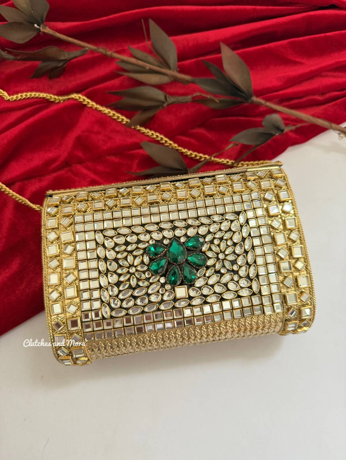 Kashish Kundan Brass Clutch Green Gold