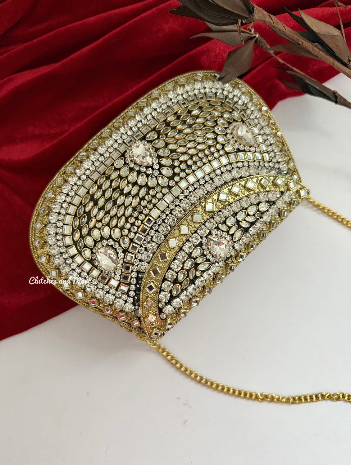 Kashish Kundan Brass Clutch White Gold