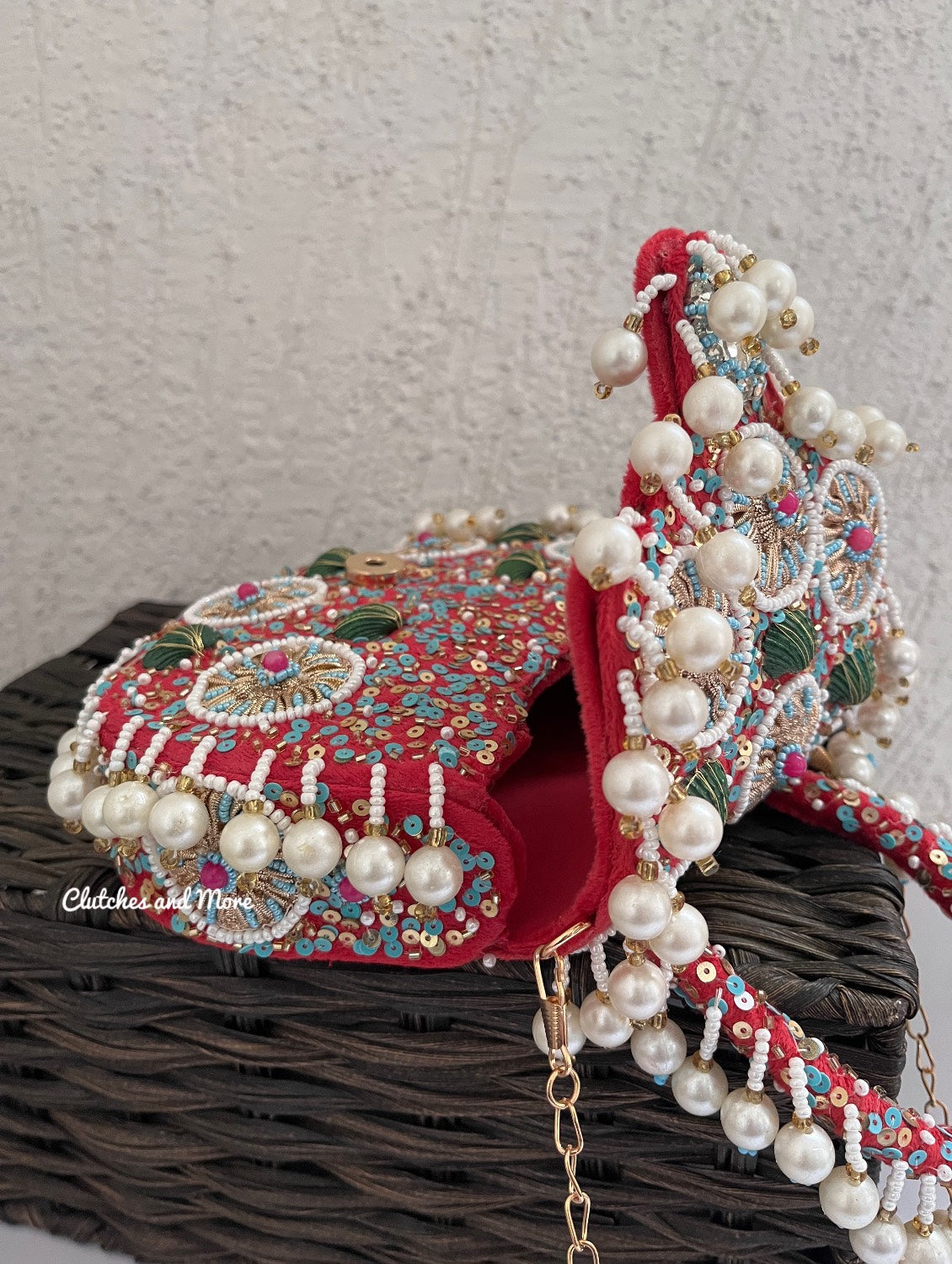Boho Pearl Flap Bag Red