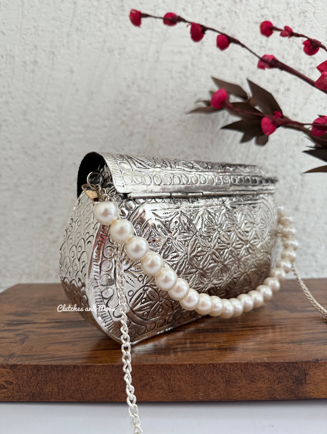 Silver Brass Clutch with Pearl Handle