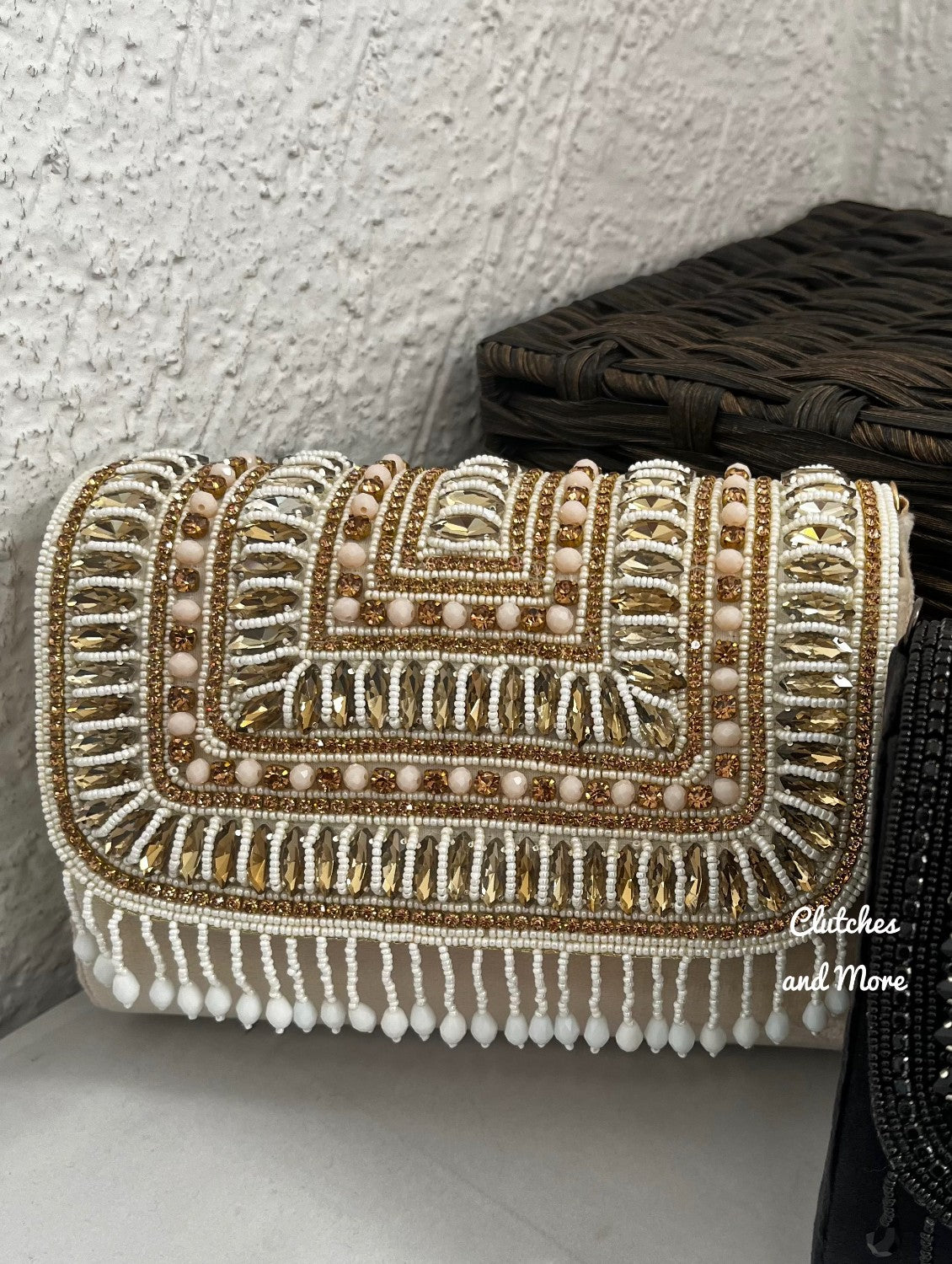 Off White Stone and Crystal Flap Bag