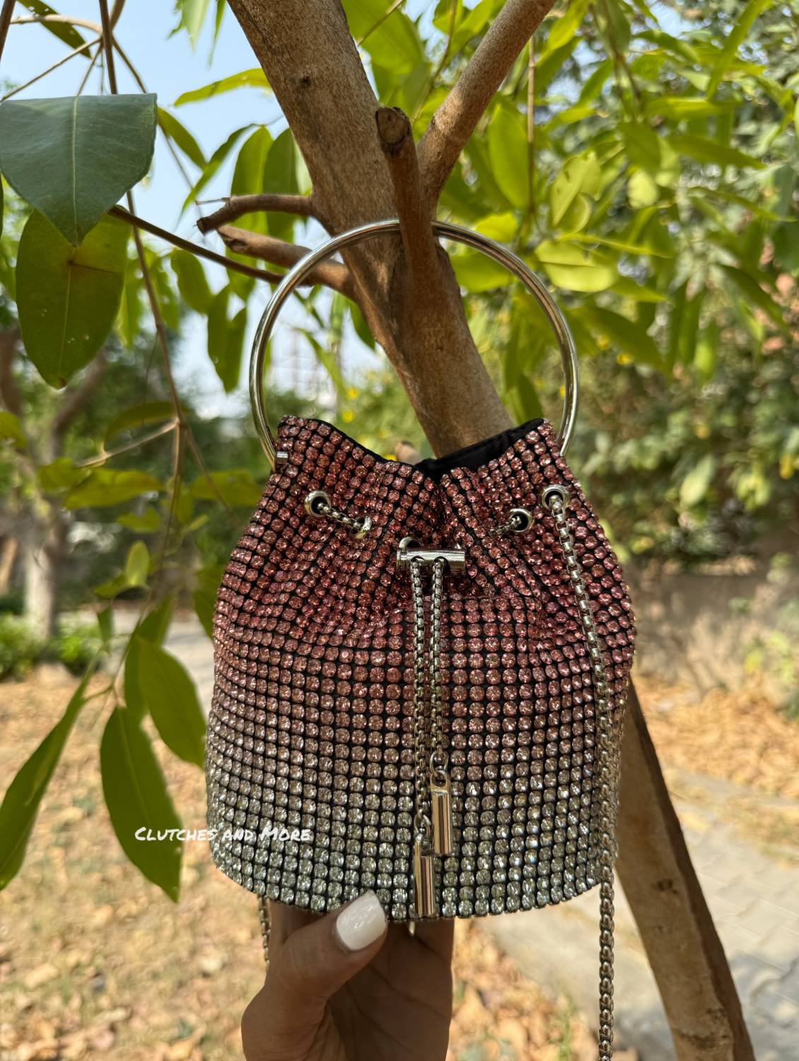 Hazel Rhinestone Bucket Bag Silver Red