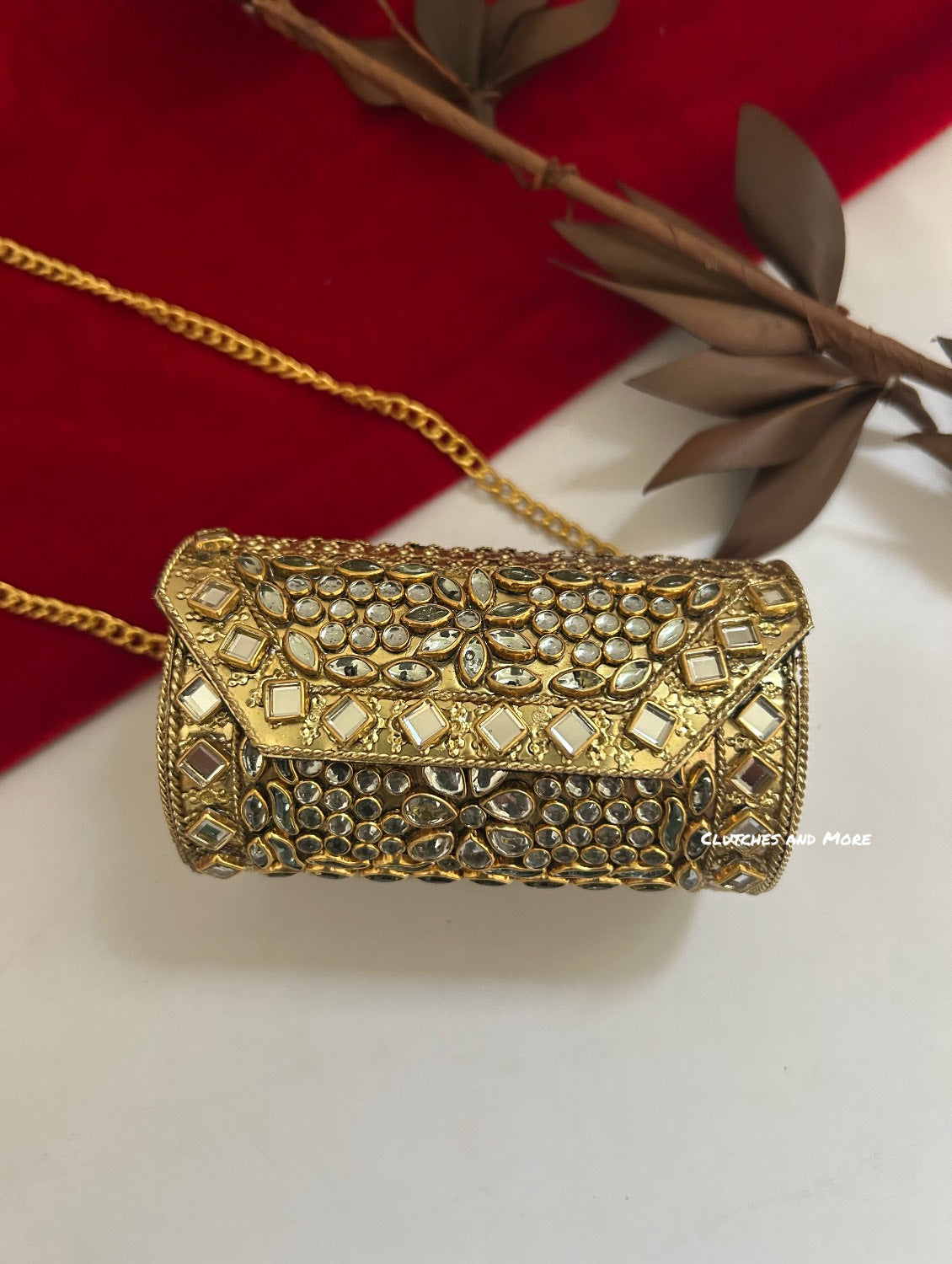 Kasika Kundan Brass Mini Clutch Cylindrical