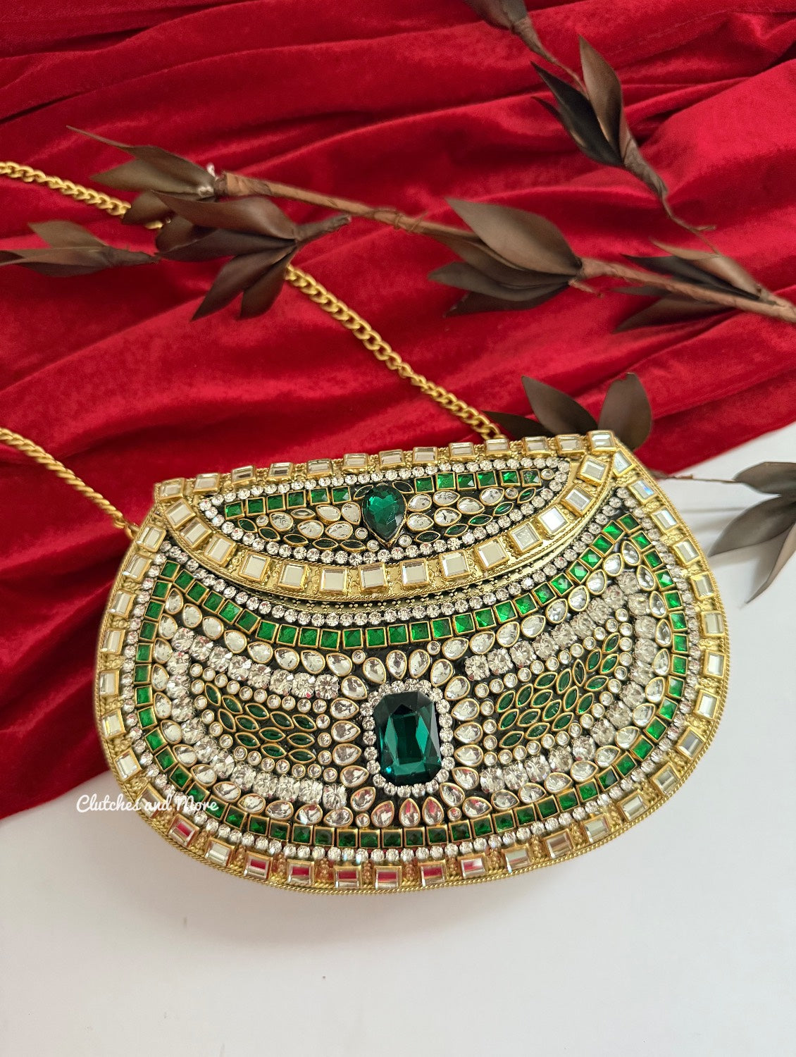 Kashish Kundan Brass Clutch Gold Green