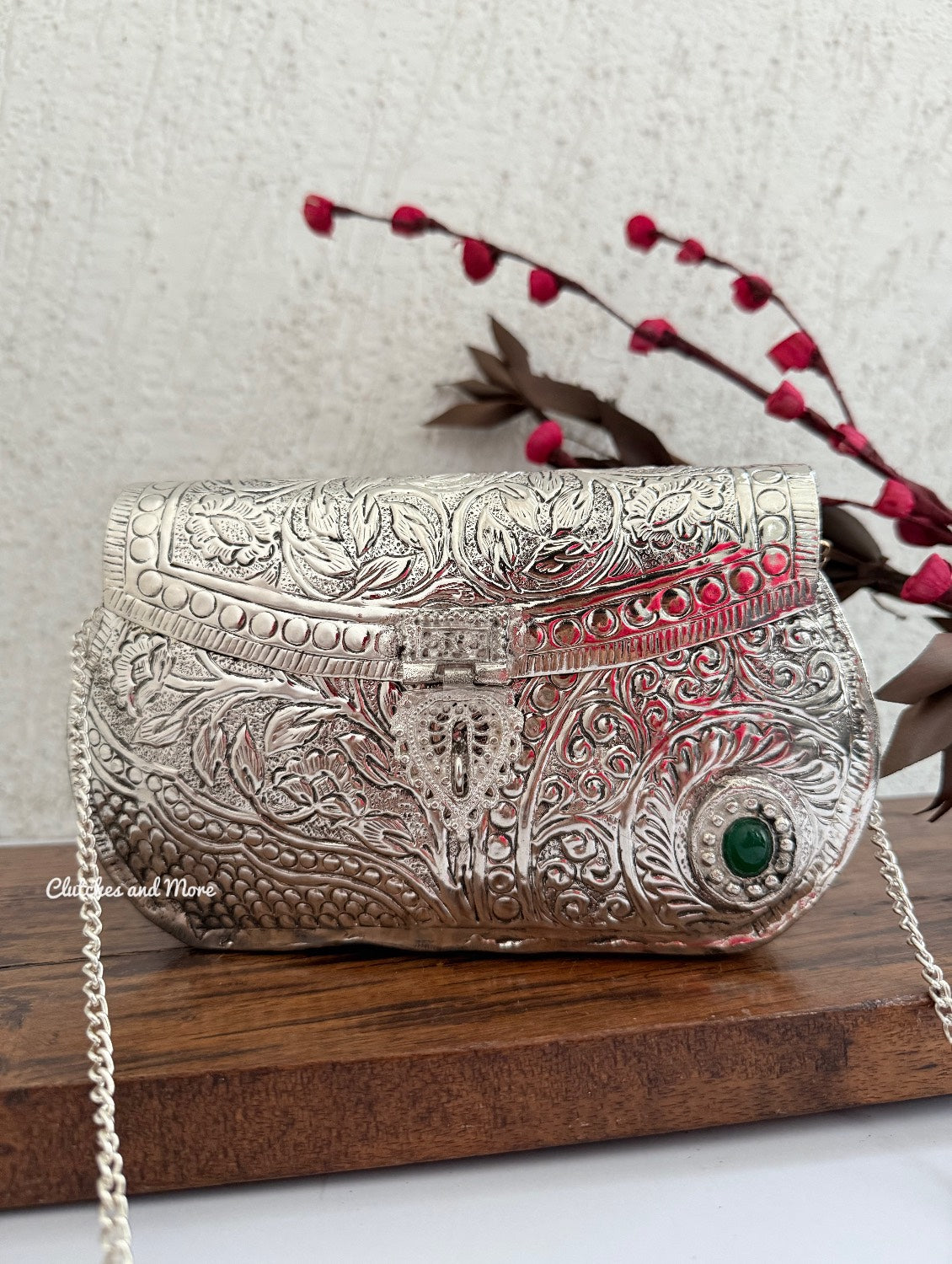 Silver Brass Clutch with Pearl Handle