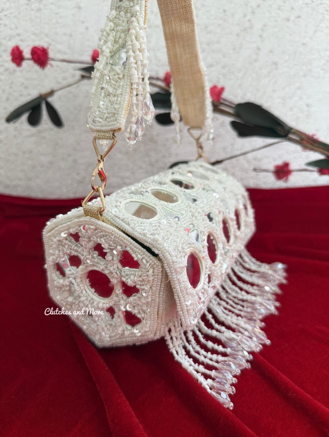 Cylindrical Mirror Bag with Tassles White