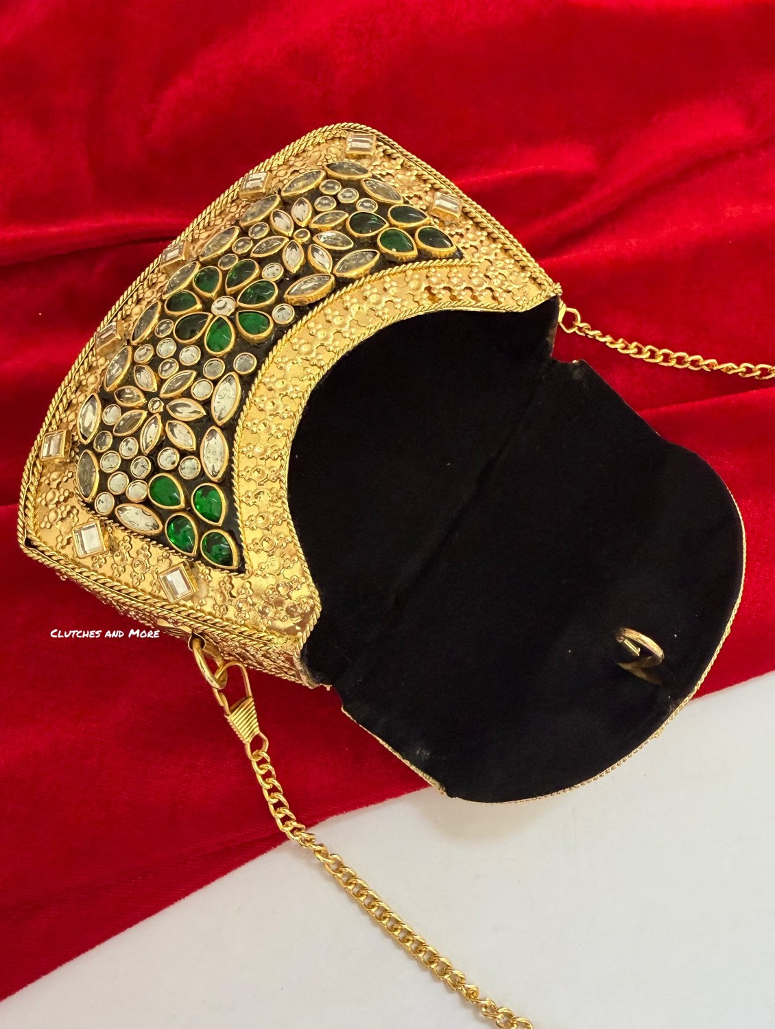 Kasika Kundan Brass Clutch Mini Gold Green