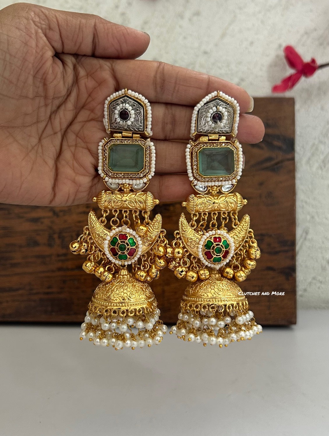 Advaita Kashmiri Earrings Pastel Green with Multicoloured Kundan