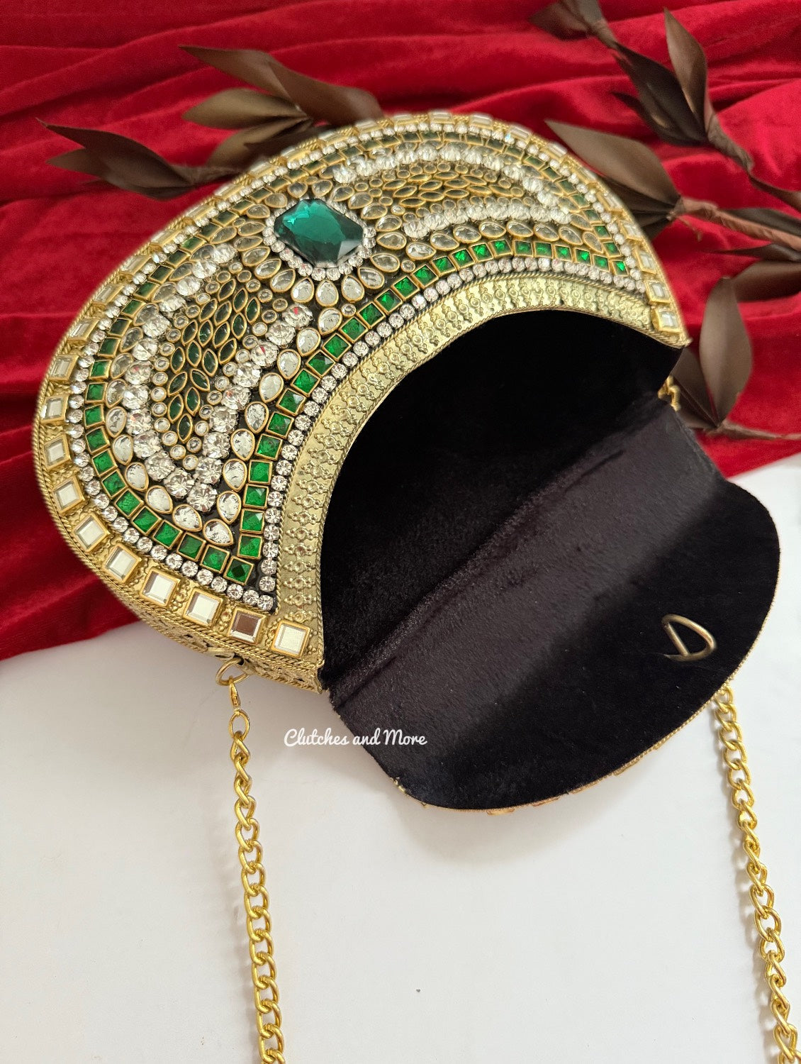 Kashish Kundan Brass Clutch Gold Green