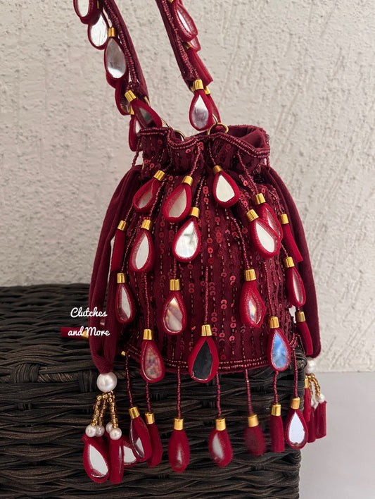 Mirror Tassel Potli Maroon