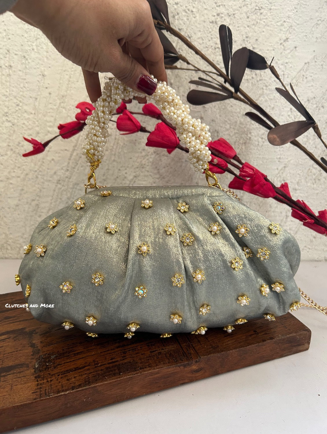 Kundan Batua Bag Silverish Blue