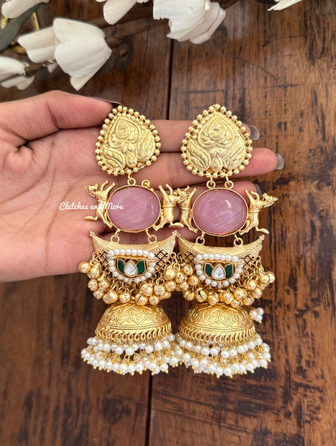 Lubna Gold Pink Jhumkas
