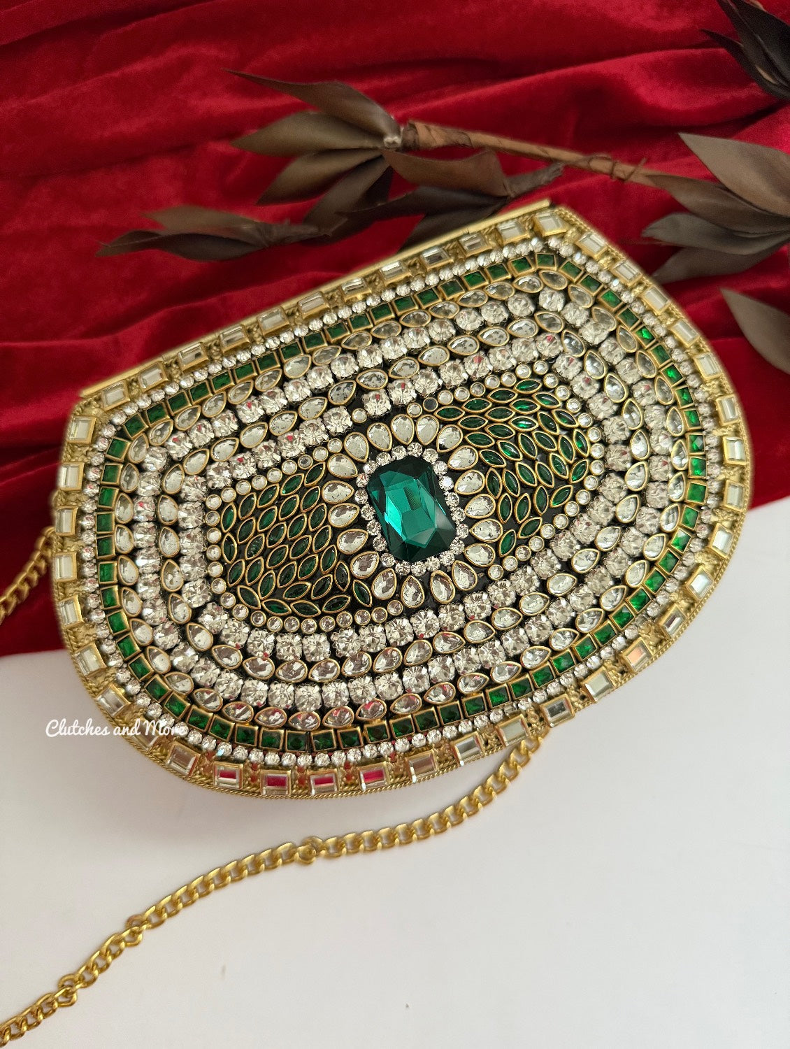 Kashish Kundan Brass Clutch Gold Green