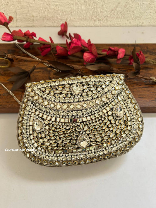 Kashish Kundan Brass Clutch White Silver