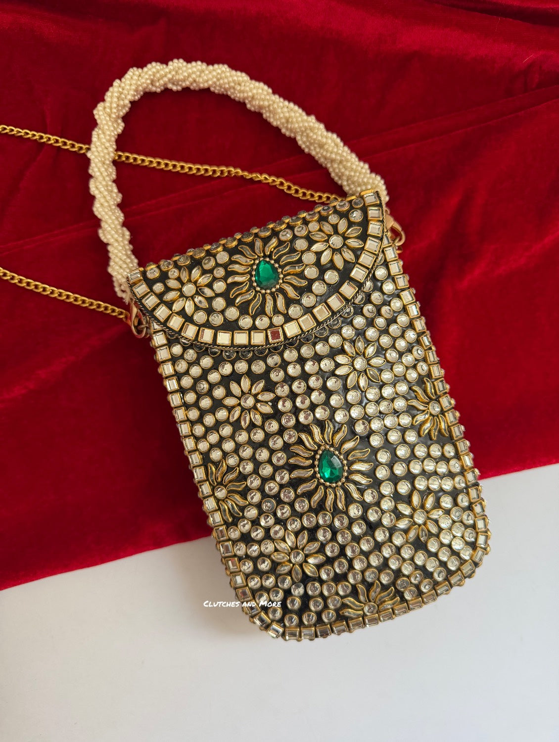 Kasika Kundan Mobile Bag Green Gold