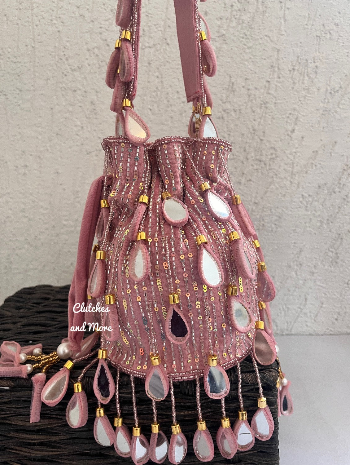 Mirror Tassel Potli Pink