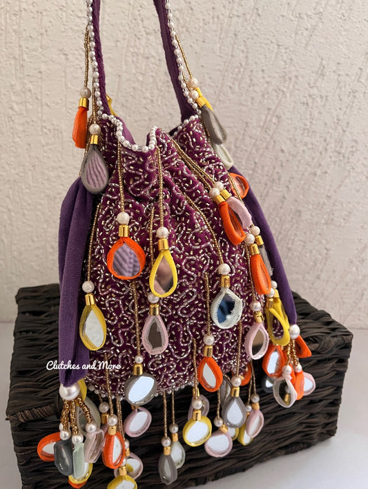Mirror Tassel Potli Multicoloured (Purple Base)