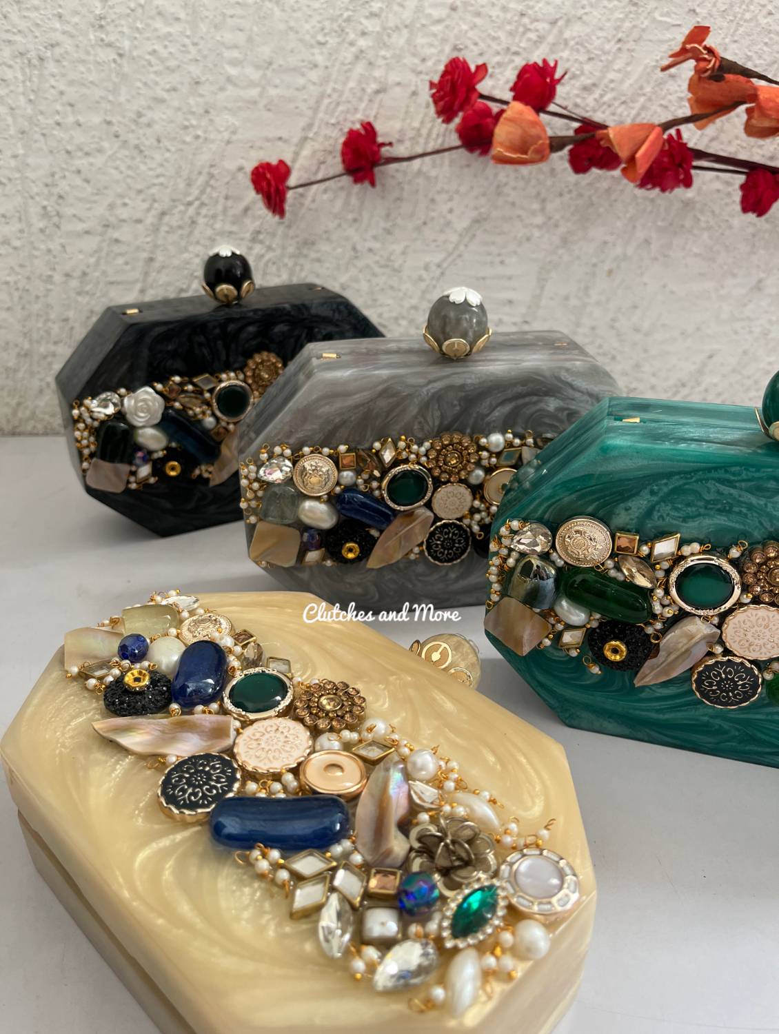 Sajda Embellished Resin Clutch Green