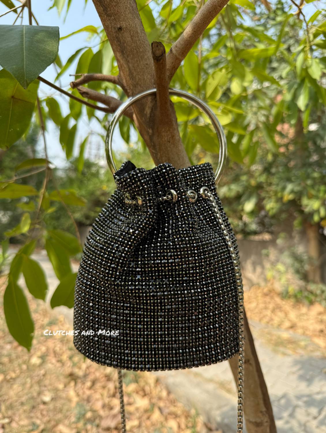 Hazel Rhinestone Bucket Bag Black