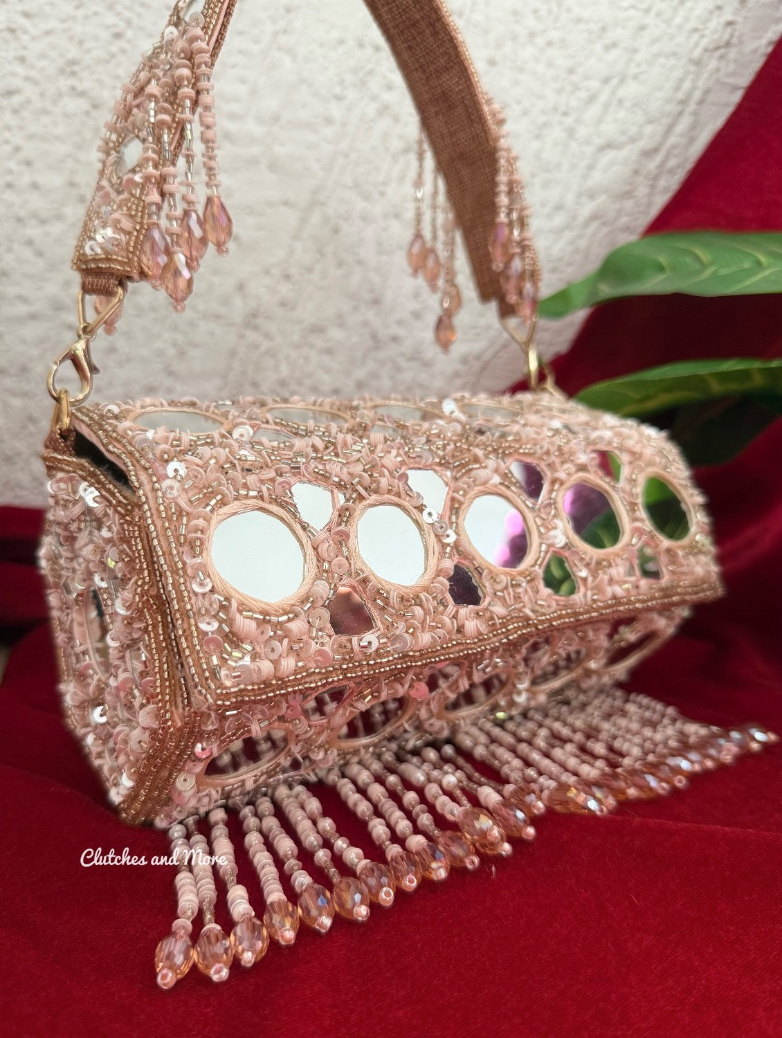 Cylindrical Mirror Bag with Tassles Rose Gold