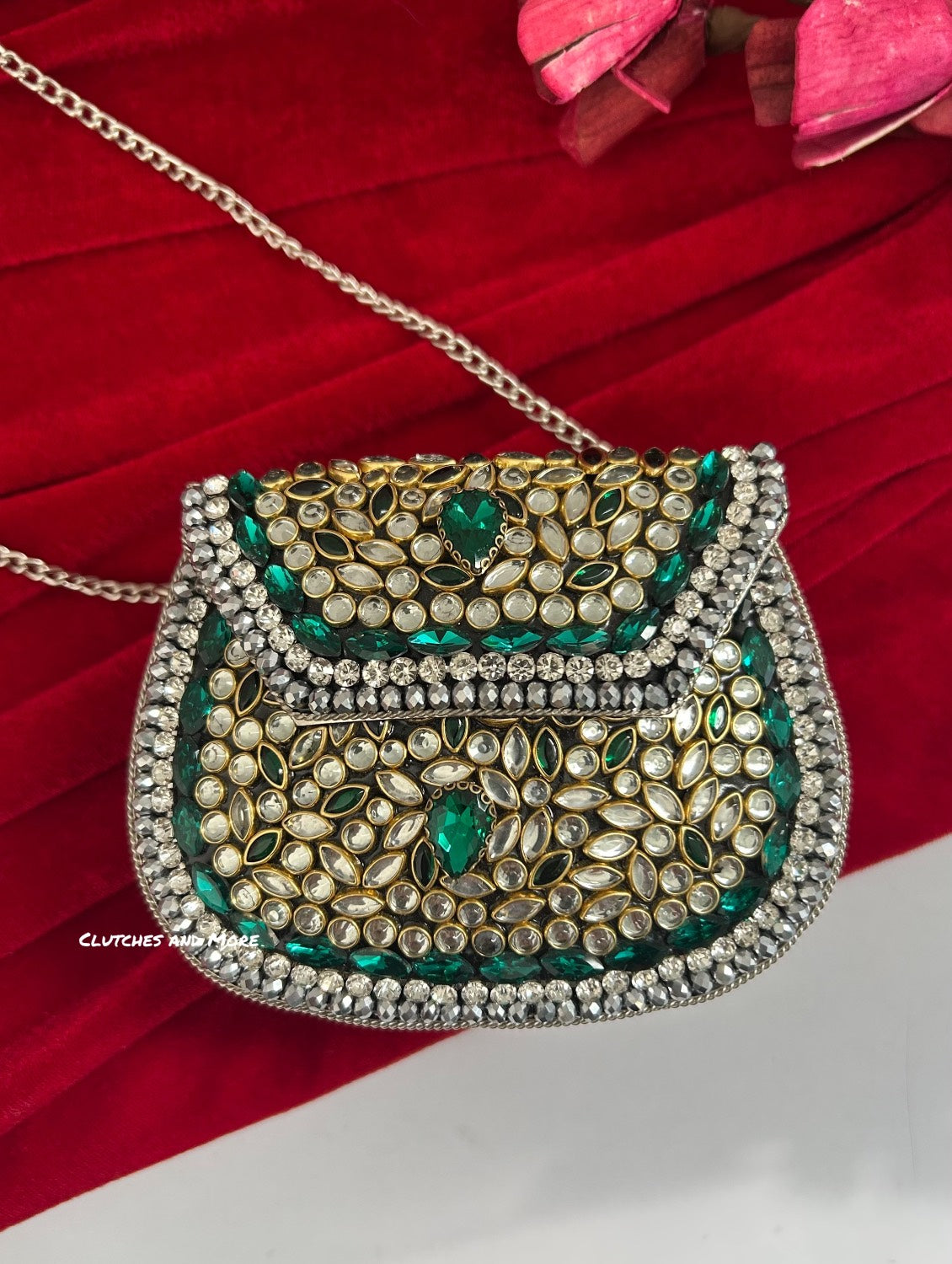 Kasika Kundan Brass Clutch Mini Silver Green