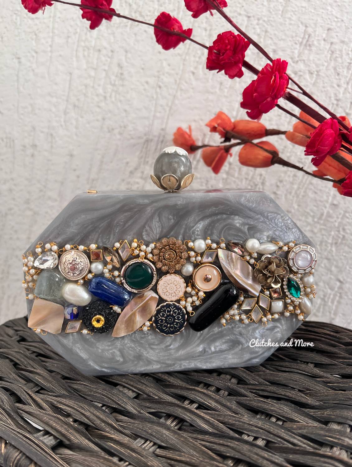 Sajda Embellished Resin Clutch Grey