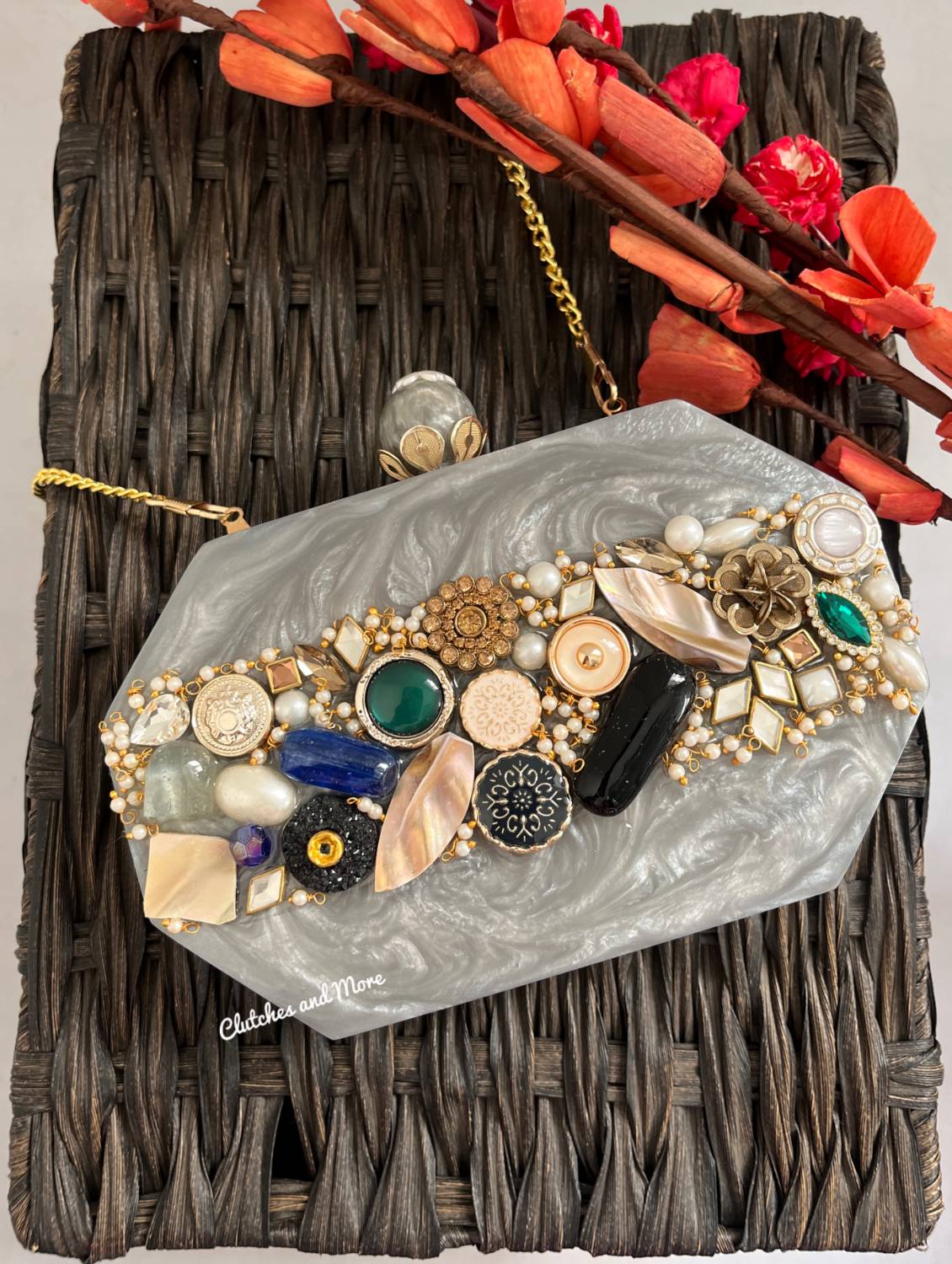 Sajda Embellished Resin Clutch Grey