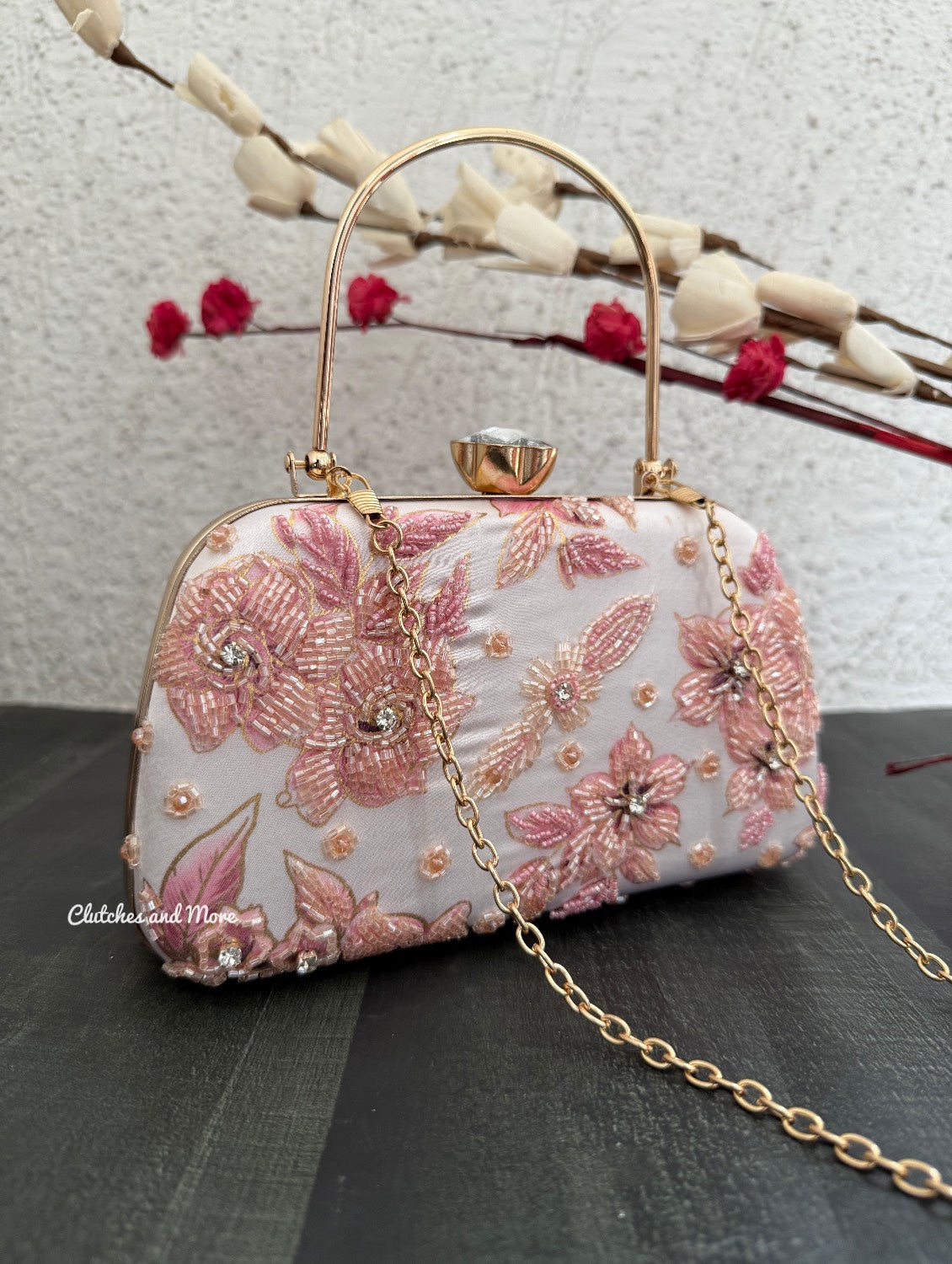 Pink White Floral Clutch