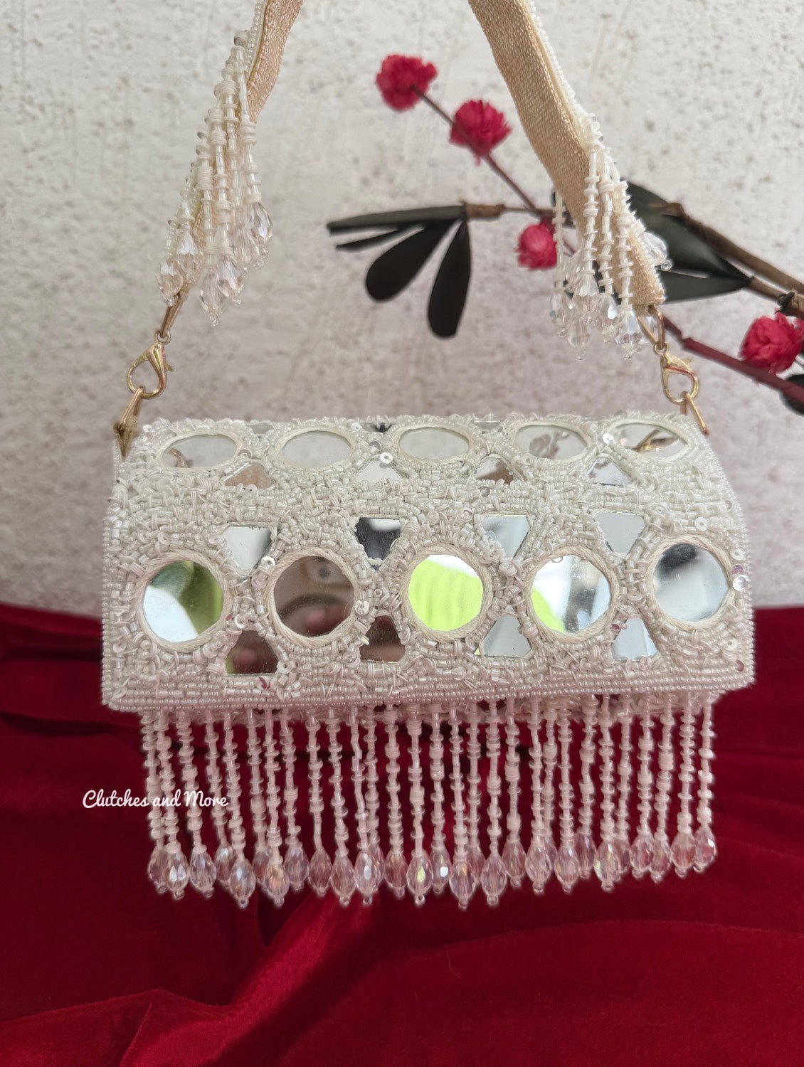 Cylindrical Mirror Bag with Tassles White