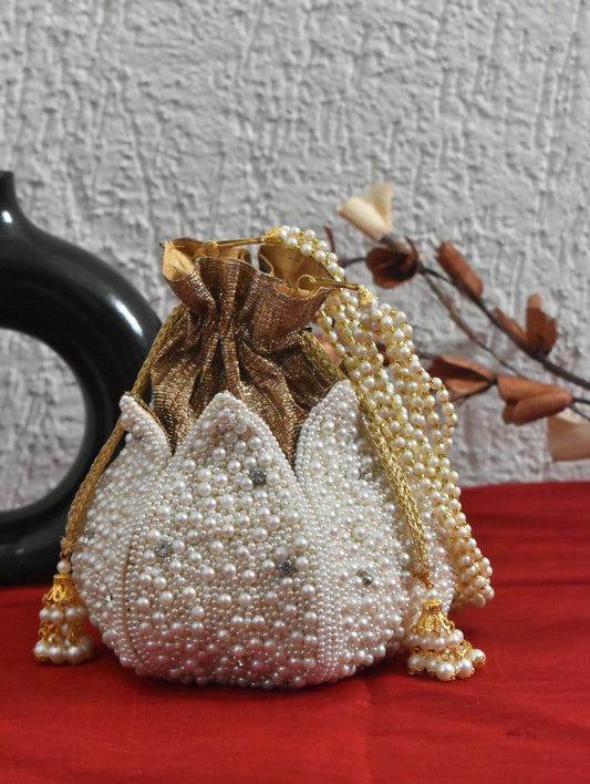 White pearl diamond studded lotus potli