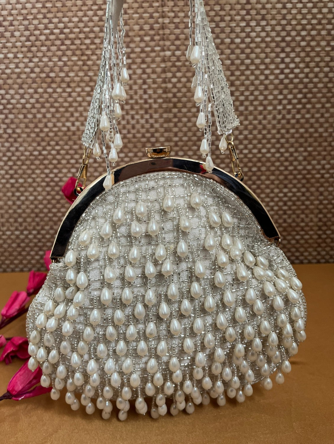 White and silver pearl hanging batua ClutchesandMore Clutches