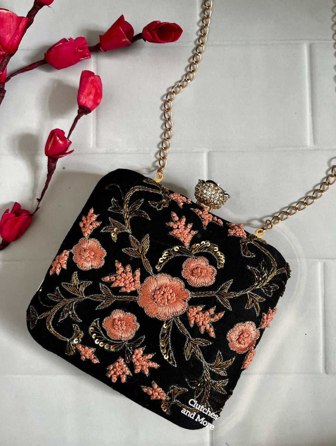 Black Floral Square Clutch Clutches and More