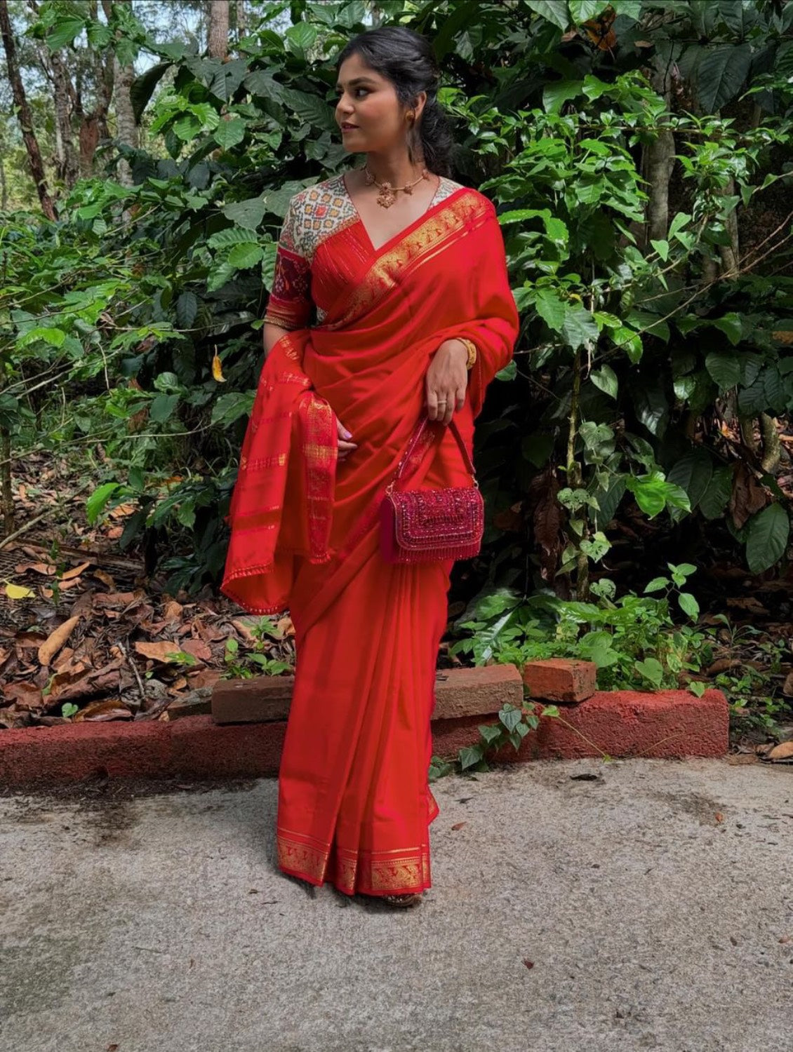 Red Stone and Crystal Flap Bag