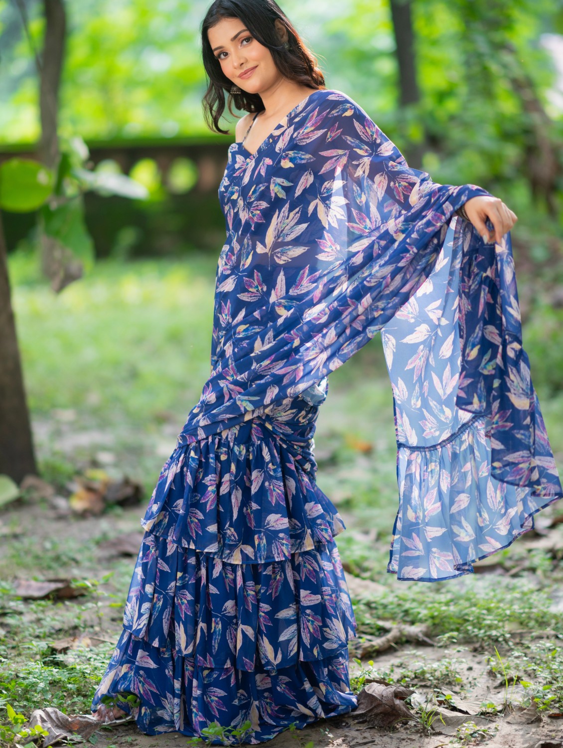 Blue Floral Pre draped saree by Dorie