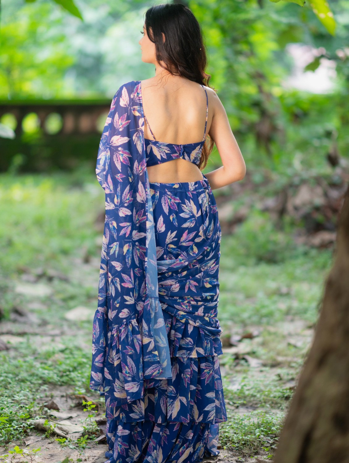 Blue Floral Pre draped saree by Dorie