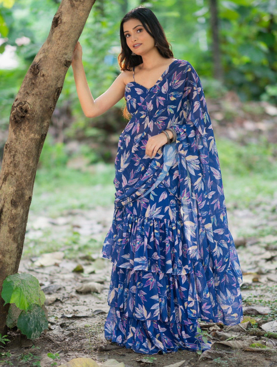 Blue Floral Pre draped saree by Dorie