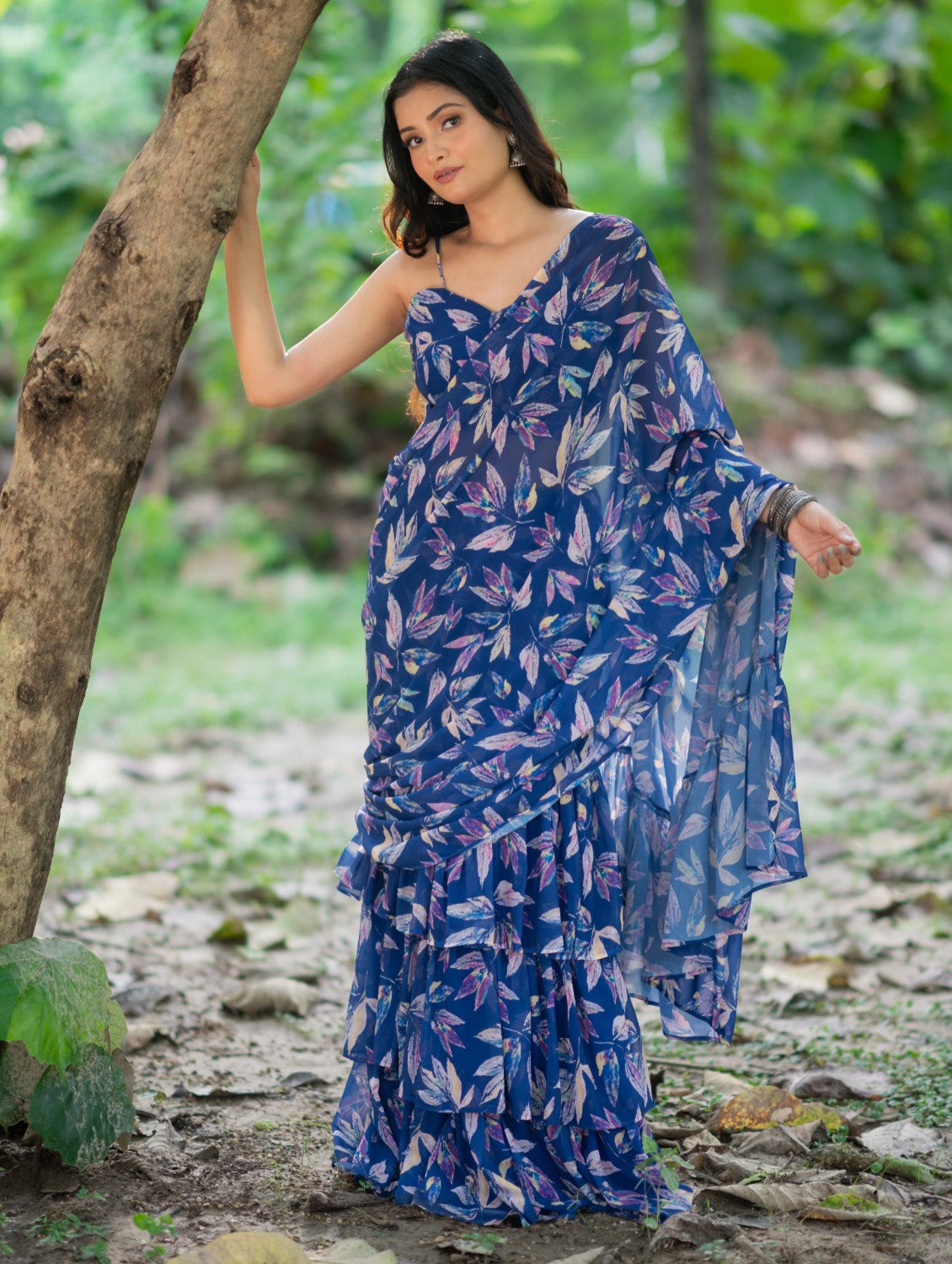 Blue Floral Pre draped saree by Dorie