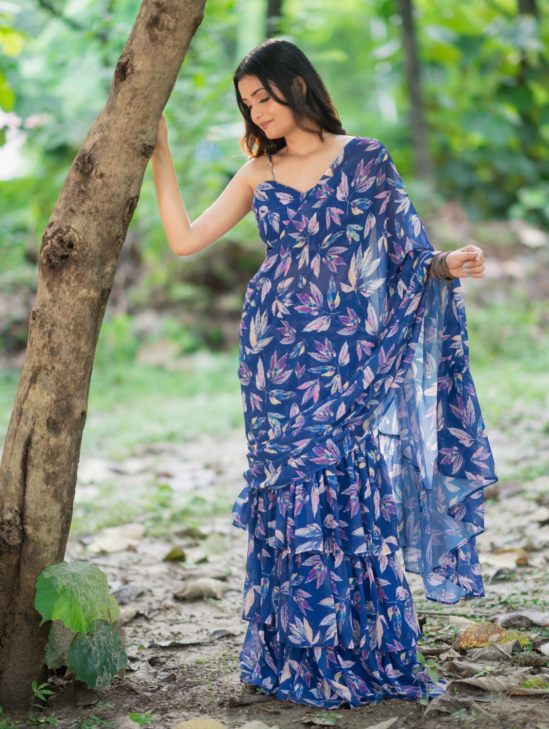 Blue Floral Pre draped saree by Dorie