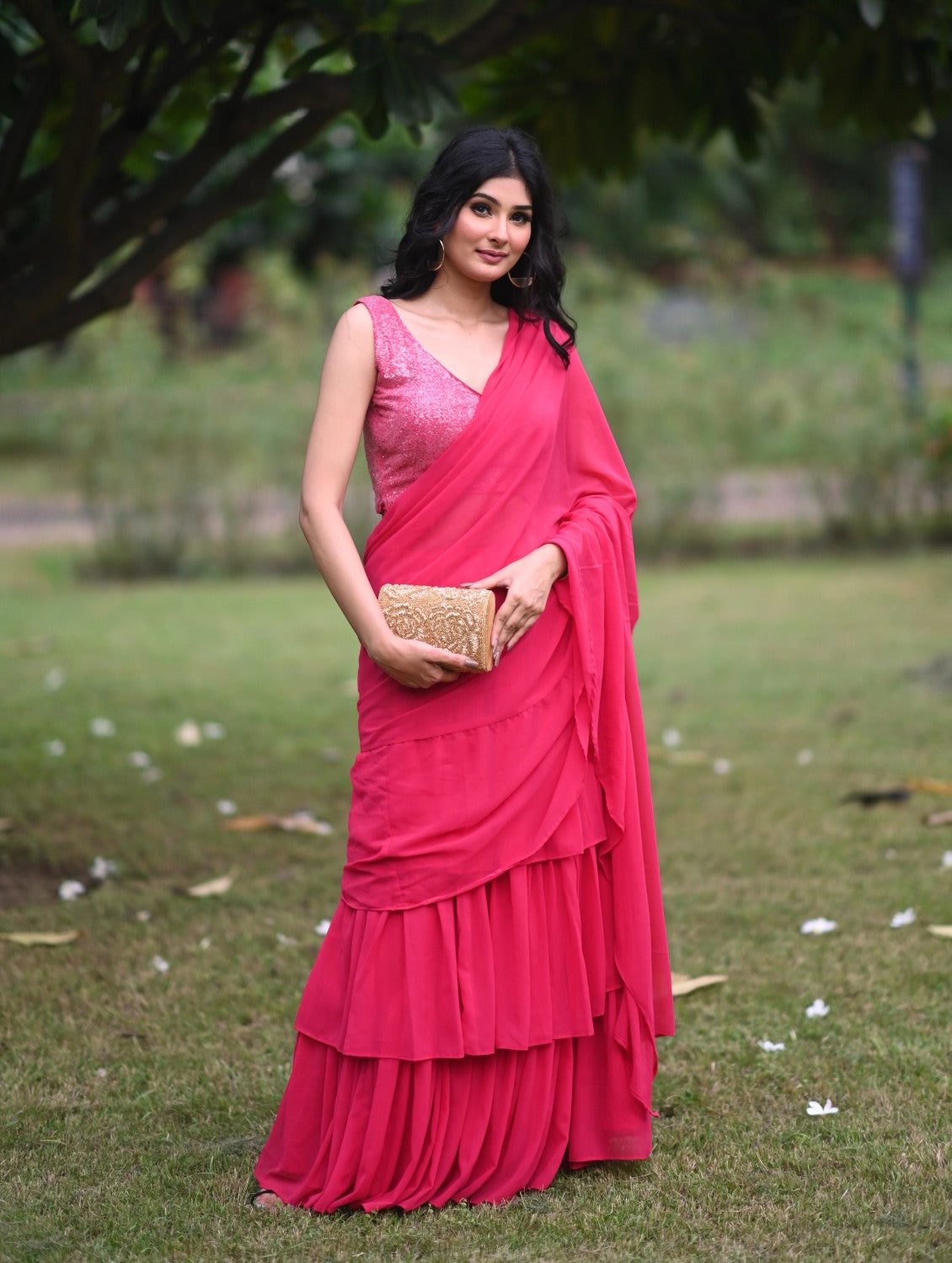 Pink Georgette Pre Draped Saree by Dorie