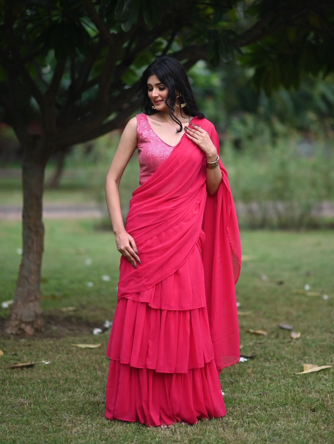 Pink Georgette Pre Draped Saree by Dorie