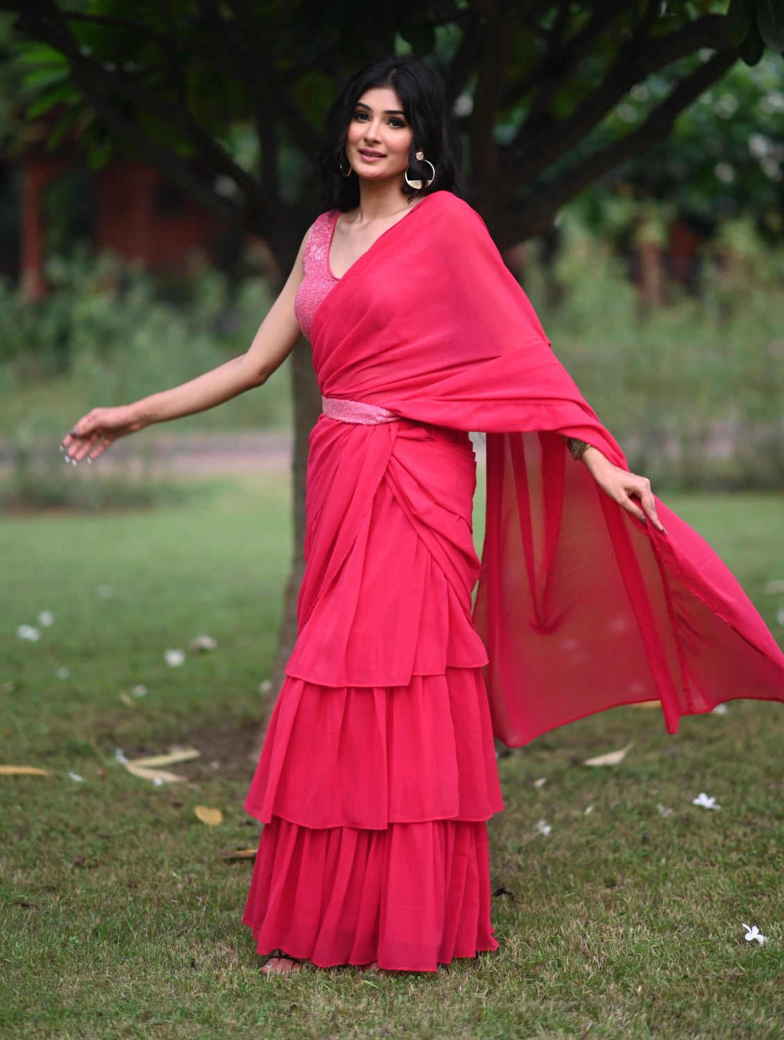 Pink Georgette Pre Draped Saree by Dorie