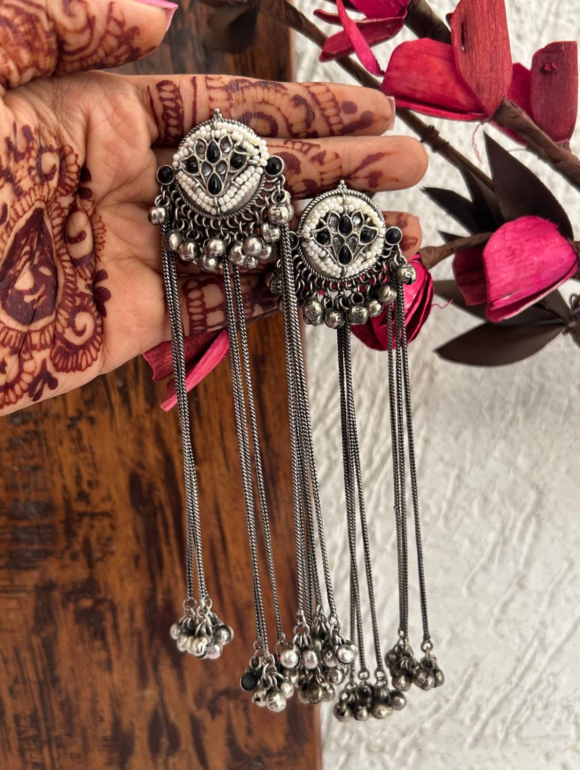 Meera Statement Silver Kashmiri Earrings